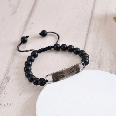 Brazalete de piedra de ojo de tigre de 8mm, brazalete de turquesa, brazalete de piedra negra mate, brazalete de cuentas personalizado con foto y texto de pareja