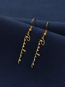 1 Pair Dainty Customized Vertical Name Earring Personalized Text Stainless Steel Earrings For Women Wedding Charm Golden Jewelry Vacation Daily Wear Accessories Gifts For Her