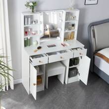 White Dressing Table LED Mirror 3 Drawers Stool Vanity Desk Makeup Set Bedroom - White - View 3