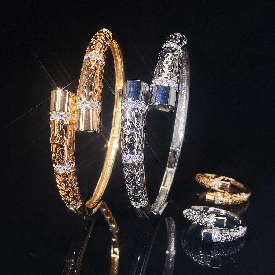 Bộ 2 chiếc/bộ nhẫn và vòng tay Zirconia thiết kế sang trọng thanh lịch, phù hợp để kết hợp hàng ngày - Bộ trang sức nữ - Xem 1