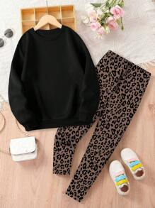 Tween 女童时尚简约心形和字母印花休闲宽松羊毛运动衫和豹纹舒适长裤，秋冬