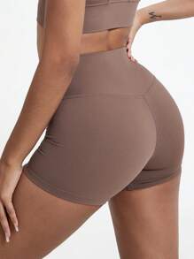 1条高腰瑜伽短裤，透气户外健身跑步训练骑行短裤 - 棕色 - 查看 4