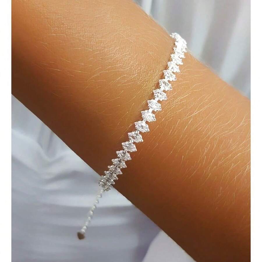 Pulseira cravejada de zircônia banhada a prata 925. - Prata - Visão 1