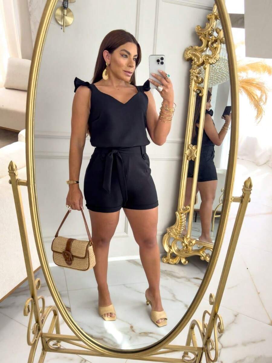 Women's Set Shorts And Linen Blouse With Pocket Sophisticated Fashion Elegant Strappy Linen Blouse Luxury Bermuda Shorts - 黑色 - 查看 1