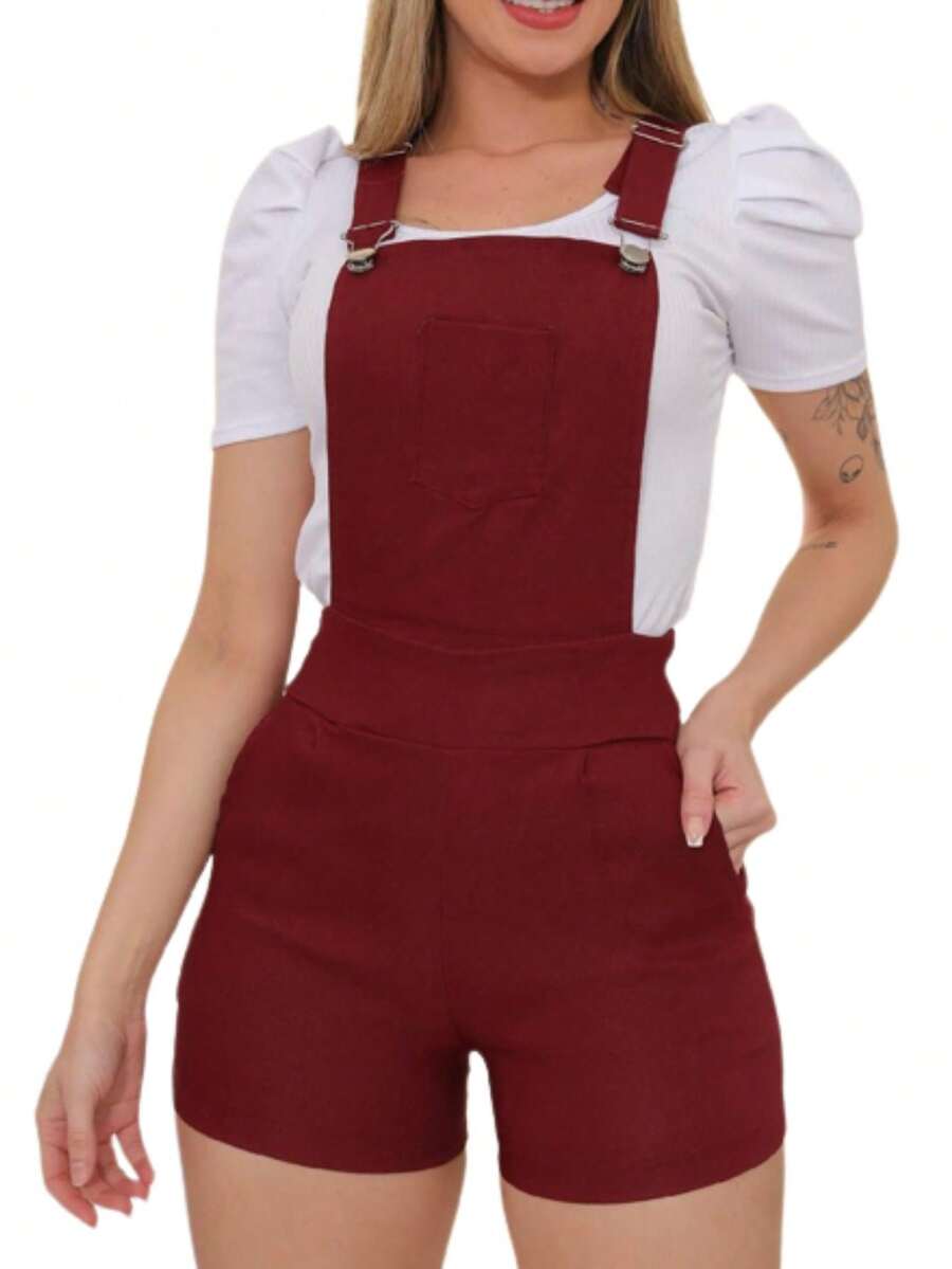 Women's Short Overalls Camouflage Jumpsuit - 酒紅色 - 查看 1