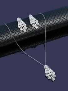 Bộ trang sức cưới sang trọng 3 món đính đá Zirconia, bao gồm dây chuyền và bông tai, thích hợp cho cô dâu. - trắng - Xem 11