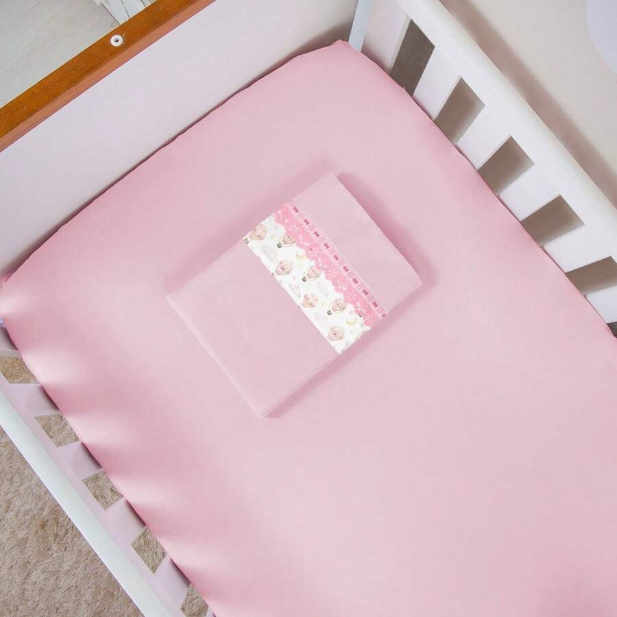 2-Piece Plain Sheet Set With Hem And Children's Prints For Crib, Percale 200 Thread Count, 100% Cotton - 藕粉色 - 查看 1