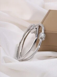 2pcs Simple Stainless Steel Bangles, Suitable For Women Daily Wear - Silver - View 4