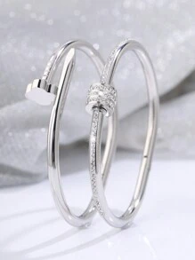 2pcs Simple Stainless Steel Bangles, Suitable For Women Daily Wear - Silver - View 3