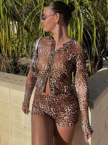 Sexy Semi-Sheer Floral Print Cardigan With Long Sleeve Top & Fitted Shorts Set - Brown - View 3