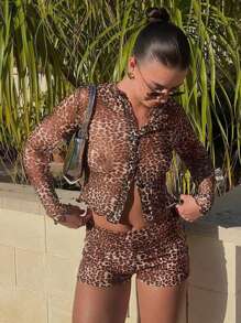 Sexy Semi-Sheer Floral Print Cardigan With Long Sleeve Top & Fitted Shorts Set - Brown - View 1