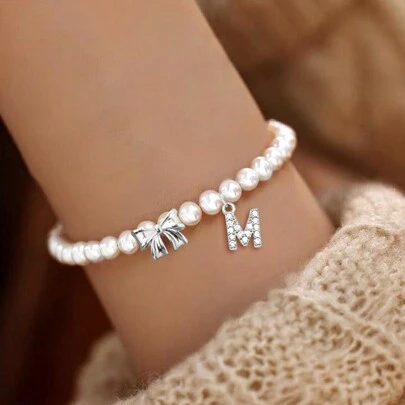 1pc New Silver Color Initial And Bow-Knot Pendant Beaded Bracelet For Women