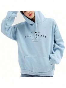 Flannel Cold Weather Jacket Printed Sweatshirt California Golden State Phrases Fall Winter - Màu xanh lam - Xem 2