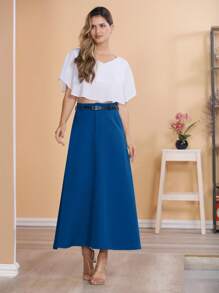We Store Long Monochromatic Tailored Skirt With Black Belt/Button Details/Casual/Trend/Look/Everyday/Summer/Elegant/Casual/Stylish/Collection 2024 - 寶藍色 - 查看 6