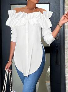 Women's Off-Shoulder Button Front Long Sleeve Blouse,Long Sleeve Tops