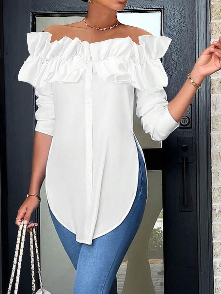 Women's Off-Shoulder Button Front Long Sleeve Blouse,Long Sleeve Tops