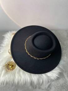 男女通用金链和黑色毛绒带装饰帽，四季皆宜，可调节尺寸，适合优雅的派对服装，平顶爵士帽休闲牛仔帽女牛仔帽万圣节