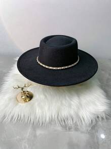 男女通用金链和黑色毛绒带装饰帽，四季皆宜，可调节尺寸，适合优雅的派对服装，平顶爵士帽休闲牛仔帽女牛仔帽万圣节