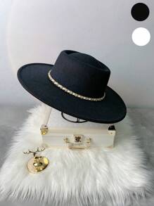 男女通用金链和黑色毛绒带装饰帽，四季皆宜，可调节尺寸，适合优雅的派对服装，平顶爵士帽休闲牛仔帽女牛仔帽万圣节