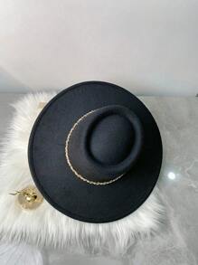 男女通用金链和黑色毛绒带装饰帽，四季皆宜，可调节尺寸，适合优雅的派对服装，平顶爵士帽休闲牛仔帽女牛仔帽万圣节