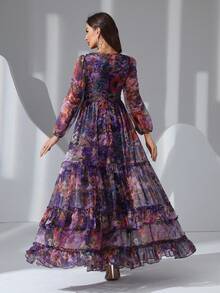 女士复古印花长袖荷叶边夏季连衣裙，无弹力，腰部无松紧带，拉链闭合修身连衣裙 - 紫色 - 查看 4