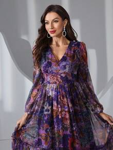 女士复古印花长袖荷叶边夏季连衣裙，无弹力，腰部无松紧带，拉链闭合修身连衣裙 - 紫色 - 查看 6