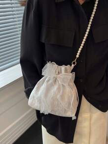 1pc Fashionable And Elegant  Made Of Polyester Fabric With Bow Decoration  Drawstring Opening And Closing  Beaded Chain Shoulder Strap  Women's Crossbody Bag For Banquet& Party& Wedding