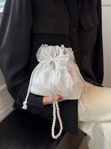 1pc Fashionable And Elegant  Made Of Polyester Fabric With Bow Decoration  Drawstring Opening And Closing  Beaded Chain Shoulder Strap  Women's Crossbody Bag For Banquet& Party& Wedding