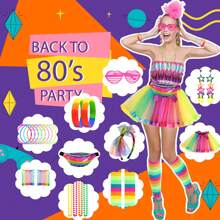 80s Fancy Dress For Women Girls, 1980s Party Costume Accessories Set Bumbag Leg Warmer Earrings Fishnet Gloves Necklace Eyeglasses Bracelet Headband, Retro Outfit For 80s Party/Dress Up Day, Rainbow Valentine's Day Valentines Prom Halloween