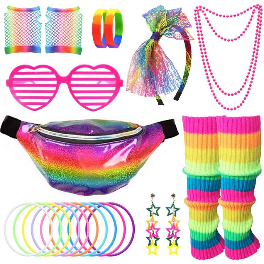 80s Fancy Dress For Women Girls, 1980s Party Costume Accessories Set Bumbag Leg Warmer Earrings Fishnet Gloves Necklace Eyeglasses Bracelet Headband, Retro Outfit For 80s Party/Dress Up Day, Rainbow Valentine's Day Valentines Prom Halloween