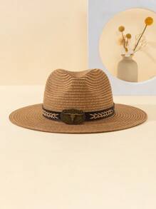 1pc Unisex Straw Hat With Detachable Faux Leather Details, Retro Fashion Accessory Suitable For Daily Outings, Outdoor Leisure, Sun Protection, Holiday Gifts, Party Wear