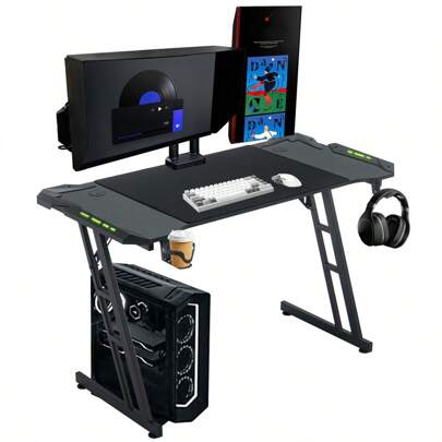 YUENFONG Mesa de jogos de 120 x 60 cm/140 x 60 cm, mesa de jogos com iluminação LED, gancho para fone de ouvido e suporte para copos, mesa de computador estável, mesa de trabalho em pé, mesa de jogos para PC (tipo B com LED)