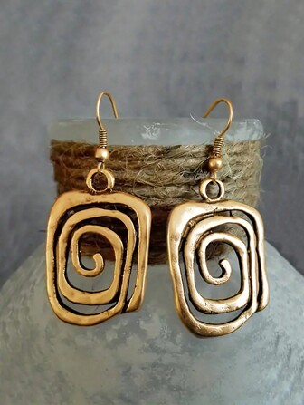 1 Pair Vintage Style Asymmetrical Geometric Hollow Metal Spiral Drop Earrings For Women, Daily Wear