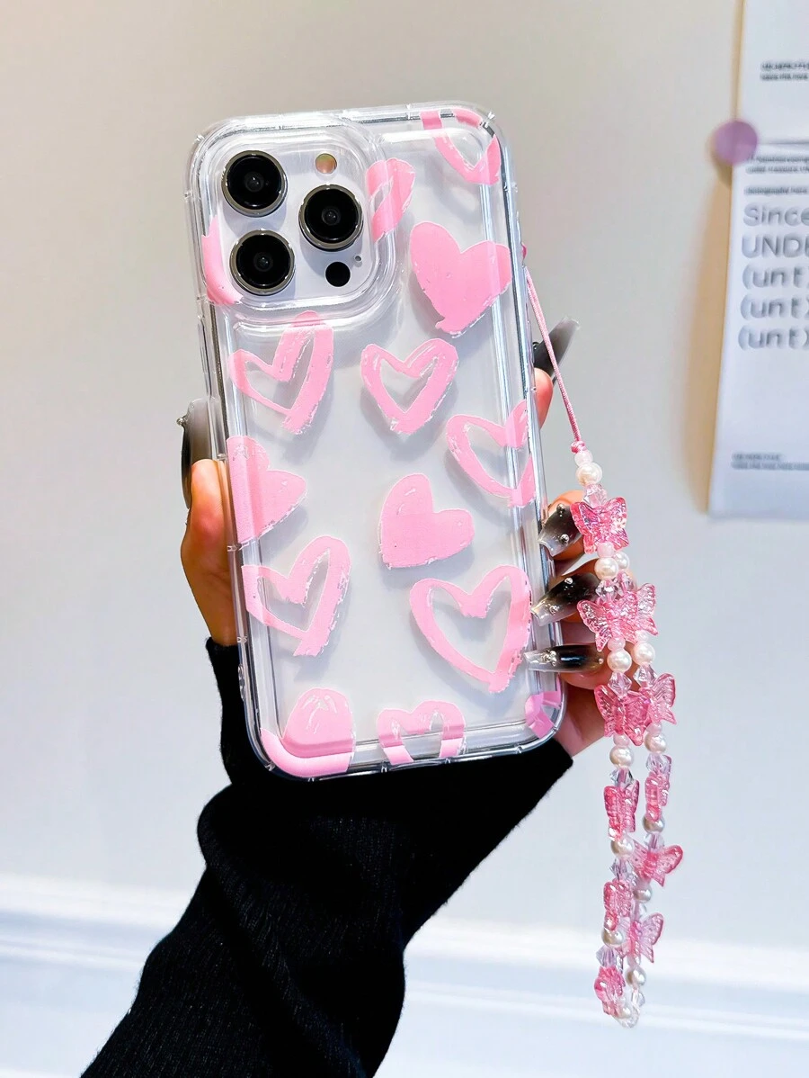 Cute Heart Illustration Shockproof Phone Case Compatible With Apple , With Butterfly Lanyard, Fashionable Design Compatible With Iphone 14 Pro Max, 13, 12/12 Pro, 11, Suitable For Girlfriends - Clear - View 1