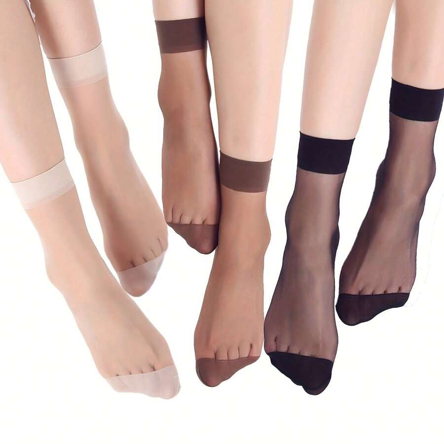 10 Pairs Women Short Stockings, Sheer Black, Breathable, Transparent Skin-Colored Anti-Snag Crystal Stockings, Suitable For Summer
