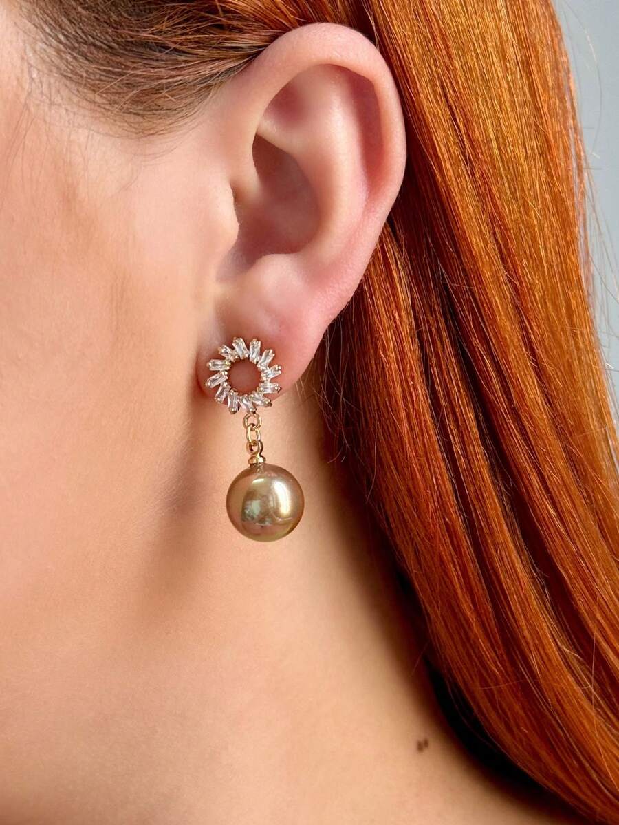 Elegant And Beautiful Pearl Earring With Zirconia Semi-Jewelry Line / Delicate Women's Earring - 金色 - 查看 1