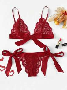 2 piezas Conjunto de lencería sexy de encaje para mujer, ropa interior erótica de 3 piezas con recortes y lazo