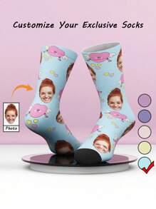 1 双男女定制脸部印花趣味中筒袜，带有酷炫肖像的个性化中筒袜，适合情人节、生日礼物和其他场合的趣味定制情侣袜 - 藍色 - 查看 5
