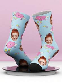 1 双男女定制脸部印花趣味中筒袜，带有酷炫肖像的个性化中筒袜，适合情人节、生日礼物和其他场合的趣味定制情侣袜 - 藍色 - 查看 1