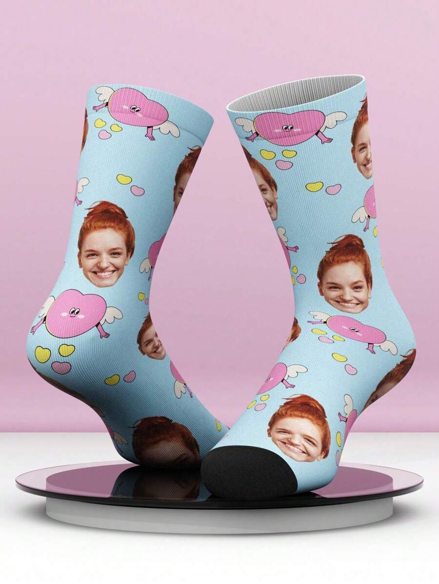 1 双男女定制脸部印花趣味中筒袜，带有酷炫肖像的个性化中筒袜，适合情人节、生日礼物和其他场合的趣味定制情侣袜 - 藍色 - 查看 1