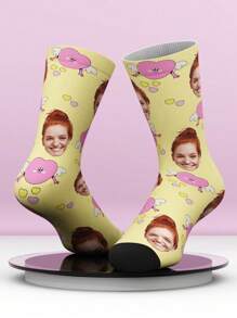 1 双男女定制脸部印花趣味中筒袜，带有酷炫肖像的个性化中筒袜，适合情人节、生日礼物和其他场合的趣味定制情侣袜 - 藍色 - 查看 4