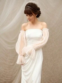 1pc White Mesh Puff Sleeve Midi Length Bride Decorative Sleeve Cuff With Elastic Ruched - Multicolor - View 12