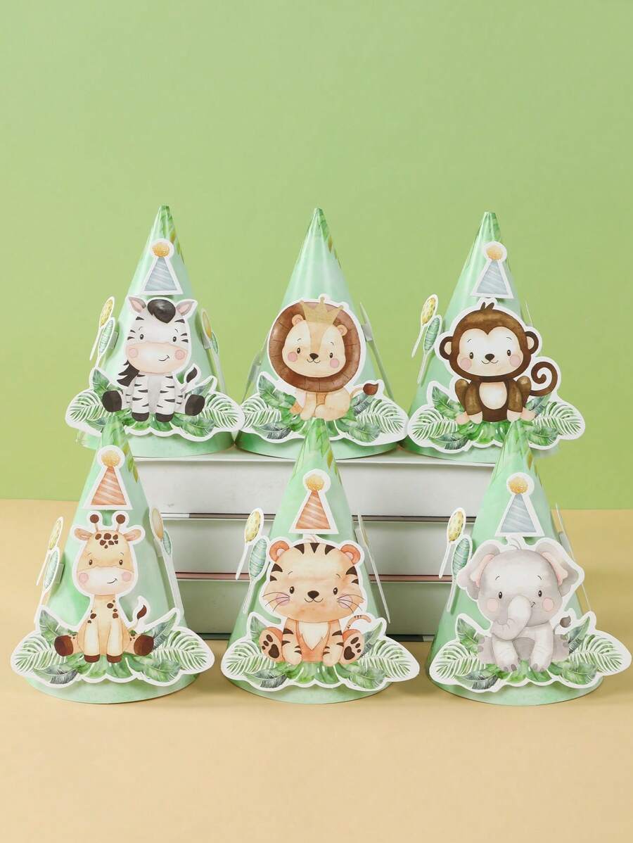 6Pcs DIY Jungle Animal Birthday Hat,Tiger Lion Elephant Zebra Monkey