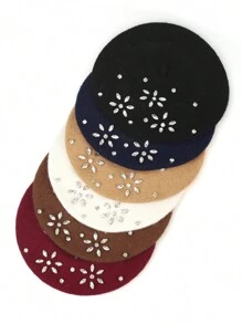 1pc Women Colorful Bow Flower Wool Solid Color Beret Hat, Casual Versatile