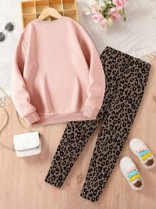 Tween 女童可爱彩色字母印花宽松休闲舒适长袖连帽衫和豹纹柔软长裤套装 - 粉色 - 查看 2