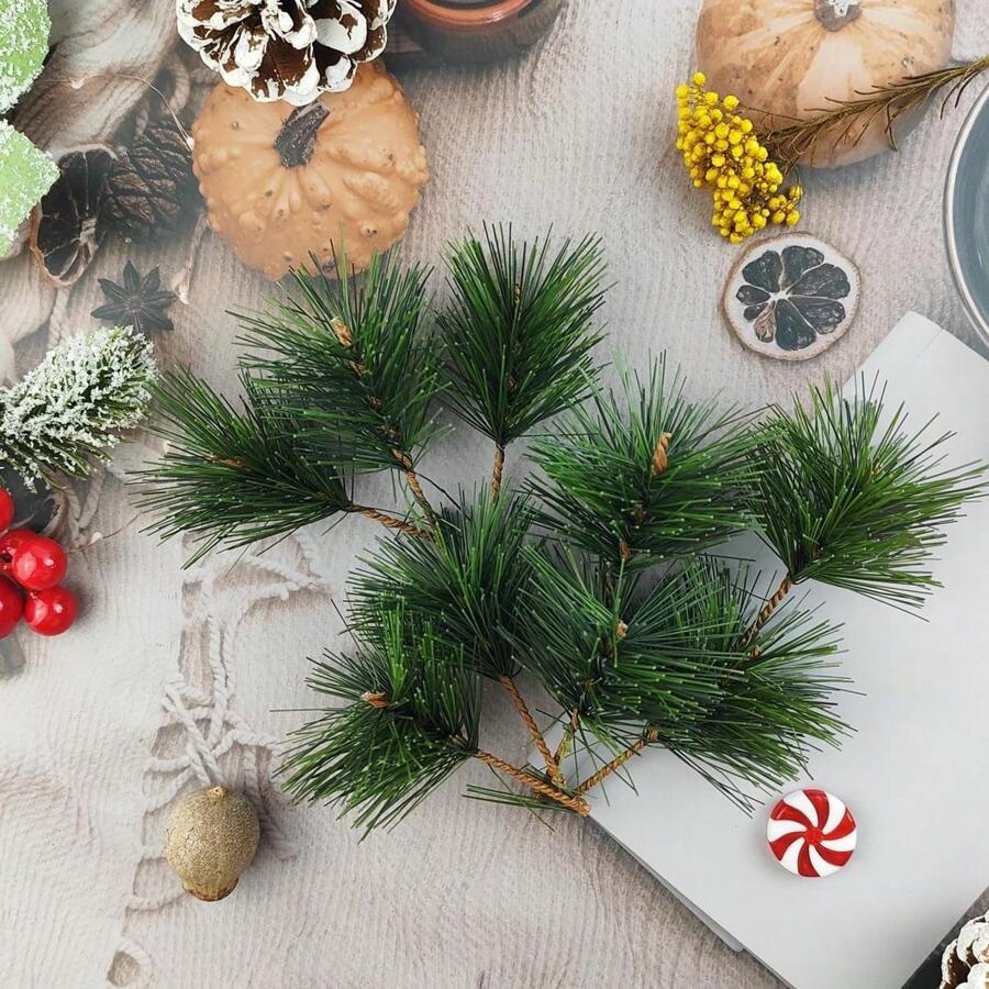10 件装圣诞松针树枝 DIY 花环假松树枝小松树枝茎秆工艺品圣诞树花 - 聖誕松針葉 - 查看 1