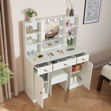 White Dressing Table LED Mirror 3 Drawers Stool Vanity Desk Makeup Set Bedroom - White - View 4