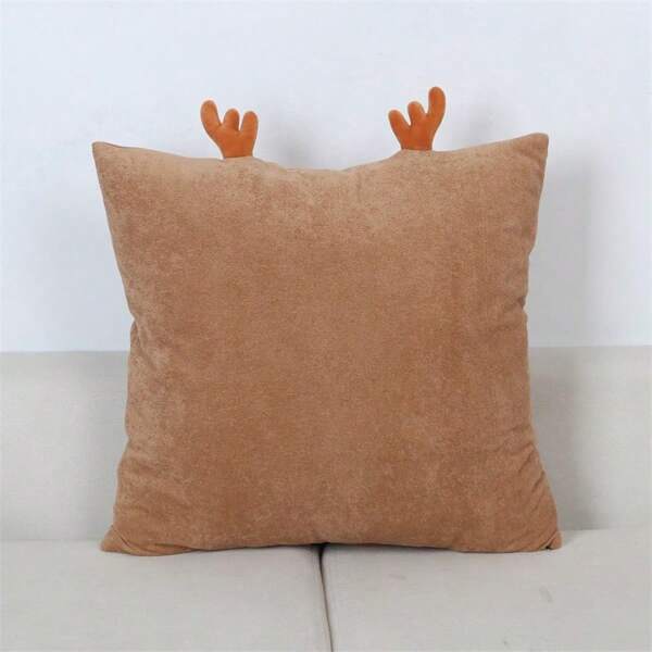 1 Frosted Baby Velvet Pillowcase Cute And Interesting Antler Solid Color Pattern Pillow Brown Multiple Sizes, Suitable For Living Room Sofa Christmas Decoration, Machine Washable, Zipper Closure