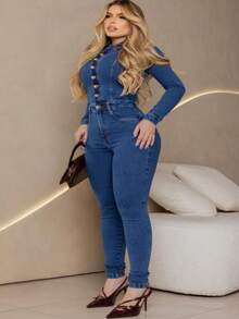 LONG SLEEVE JEANS OVERALLS 2 WASHES 23 DEGREES - Màu xanh hải quân - Xem 5