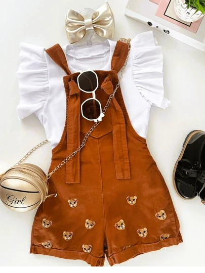 Jardineira infantil menina ursinho com blusa manga curta ou longa verão outono inverno dia das crianças Borboletinhas Kids